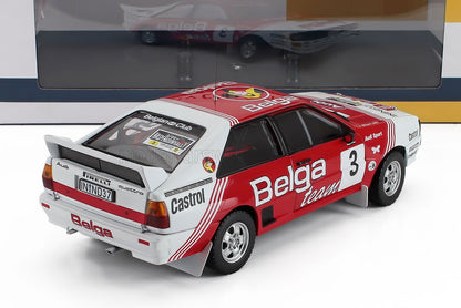 Modèle réduit d'une voiture de rallye Audi moulée sous pression, avec livrée Belga, disponible pour les collectionneurs chez Vroomi.