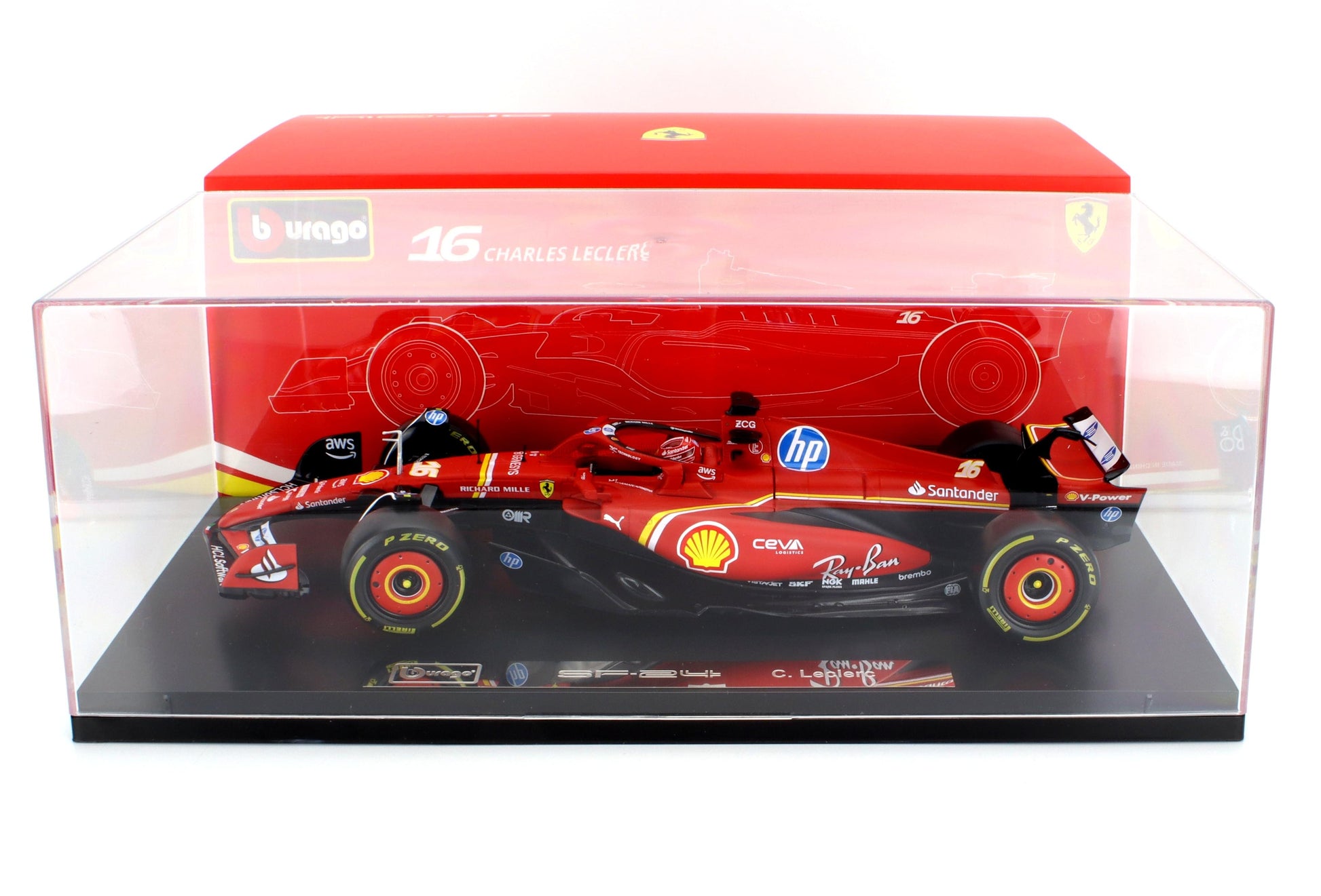 Modèle réduit de la Ferrari SF-24 F1 de Charles Leclerc à l'échelle 1:18 dans un coffret de présentation, disponible chez Vroomi.