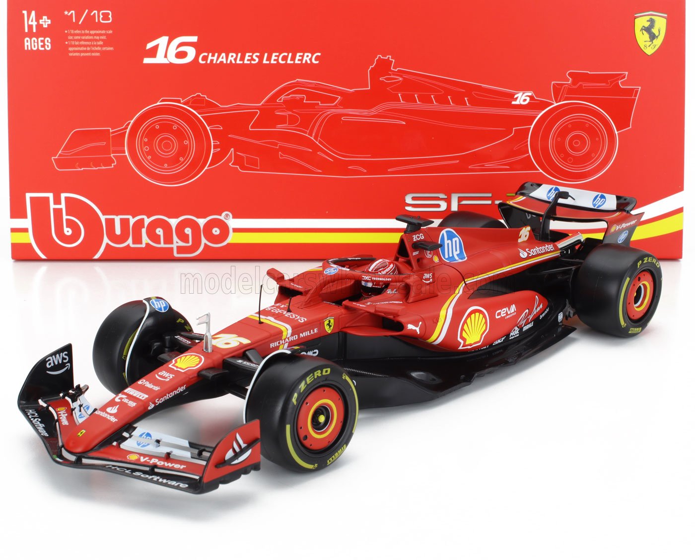 Modèle réduit Bburago à l'échelle 1/18 de la Ferrari SF-23 de Charles Leclerc en rouge, disponible via Vroomi.