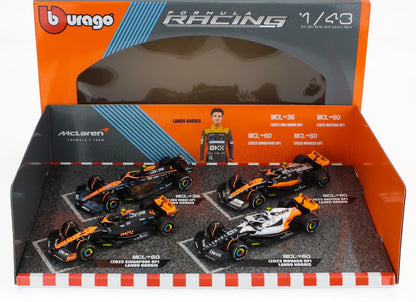 Modèles réduits de voitures McLaren F1 à l'échelle 1:43 de Bburago Formula Racing mettant en vedette Lando Norris, disponibles sur la plateforme Vroomi.