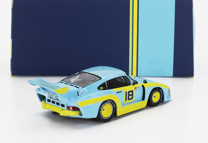 Modèle réduit de voiture de course Porsche 935 bleu clair et jaune avec le numéro 18, disponible sur Vroomi.
