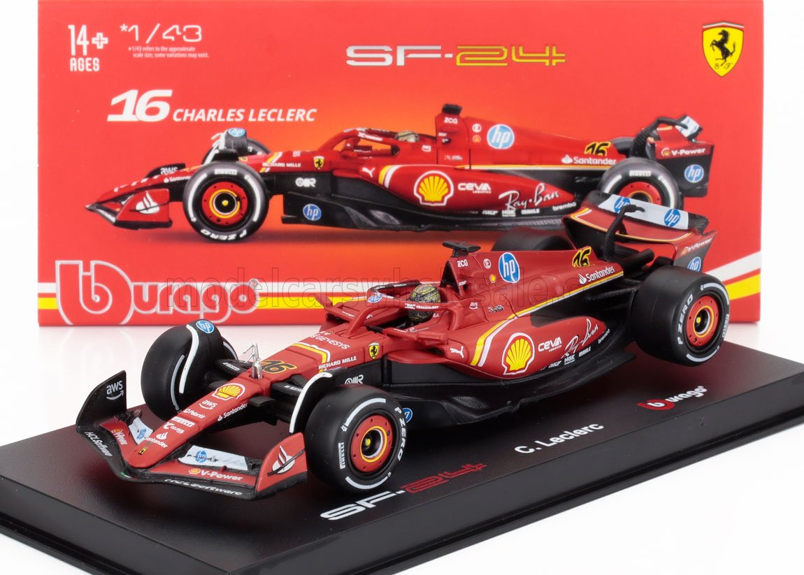 Modèle réduit à l'échelle 1/43 de la Ferrari SF24 de Charles Leclerc, miniature détaillée avec boîte, proposé sur Vroomi.