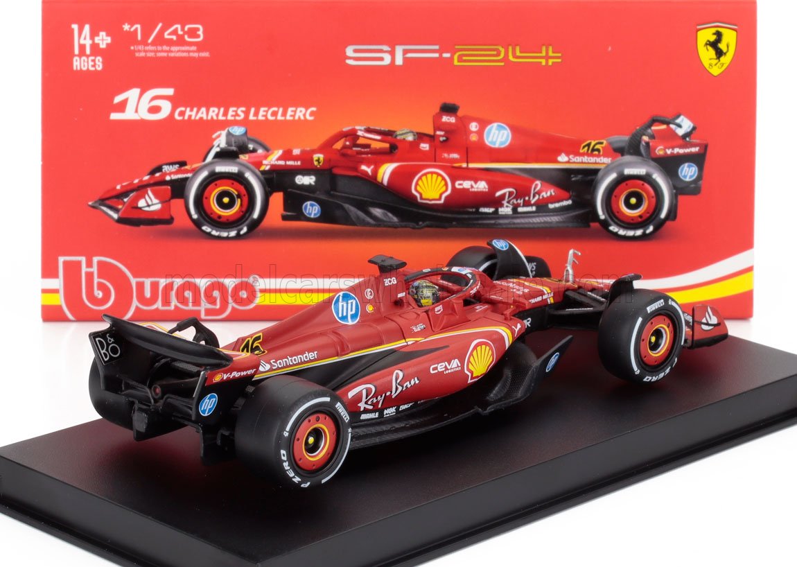 Modèle réduit de voiture de Formule 1 Ferrari SF24 Charles Leclerc à l'échelle 1/43, rouge avec sponsors, proposé sur Vroomi.