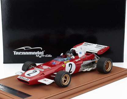 Modèle réduit de voiture de Formule 1 Ferrari F312B rouge de 1970 avec le logo Shell, disponible chez Vroomi.