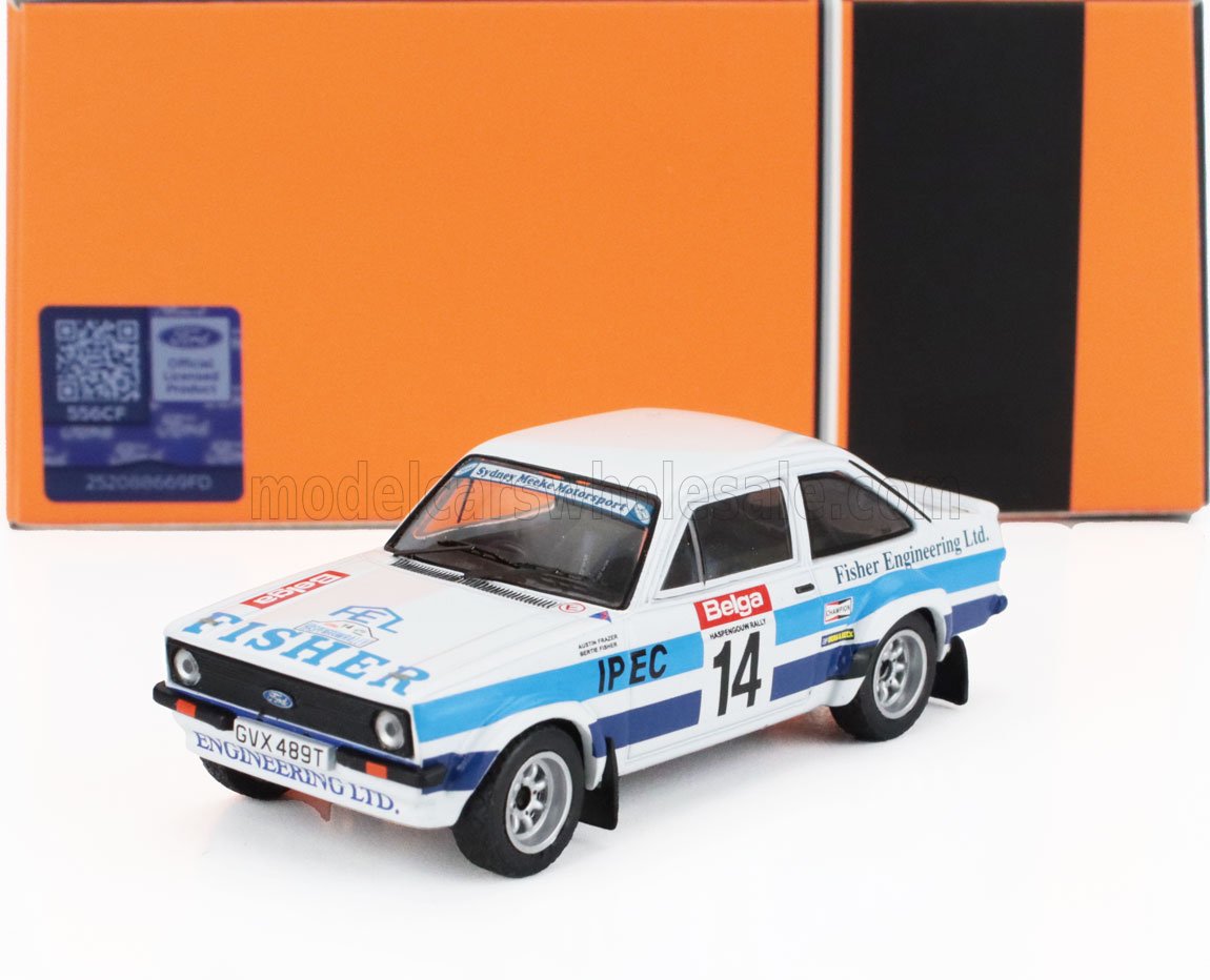 Modèle réduit de voiture de rallye Ford Escort Mk2 à l'échelle 1:18 avec livrée Fisher Engineering, disponible sur Vroomi