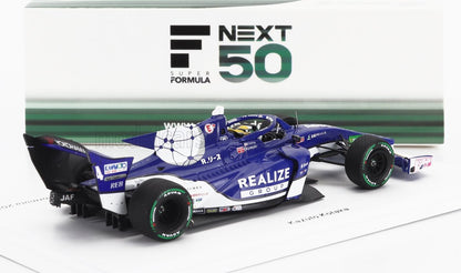 Modèle réduit de voiture de course Blue Super Formula NEXT 50 avec le logo Realize Group, disponible sur Vroomi
