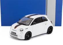 Modèle réduit de voiture Abarth 500 Turismo blanche avec bandes noires et roues noires disponible chez Vroomi