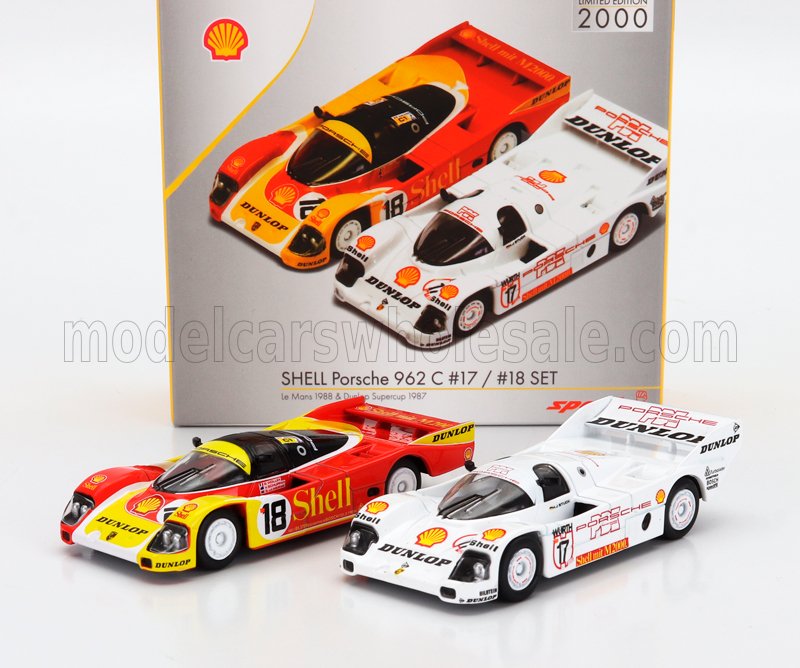 Modèles réduits Shell Porsche 962C n° 17 et n° 18 en édition limitée avec logo Dunlop, disponibles sur Vroomi.