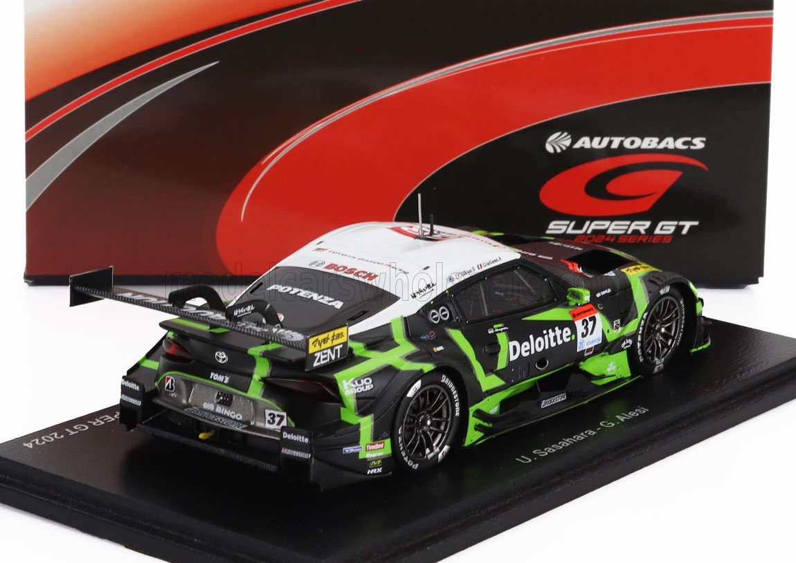 Modèle réduit à l'échelle 1:43 de la voiture de course Toyota GR Supra GT500 avec livrée Deloitte et logo Super GT 2024, présenté sur Vroomi.