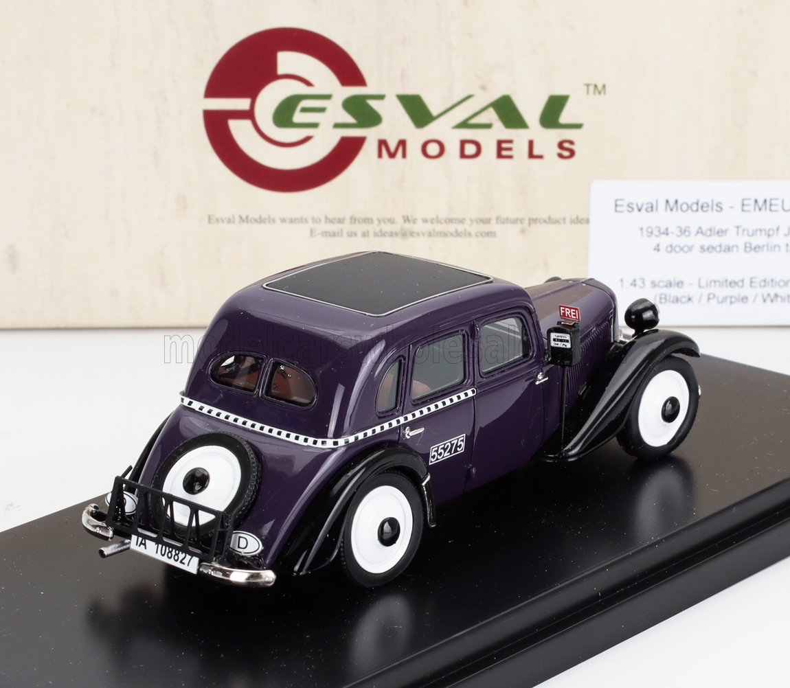 Modèle classique Adler Trumpf quatre portes de 1934-36, violet et noir, exposé, disponible sur Vroomi.