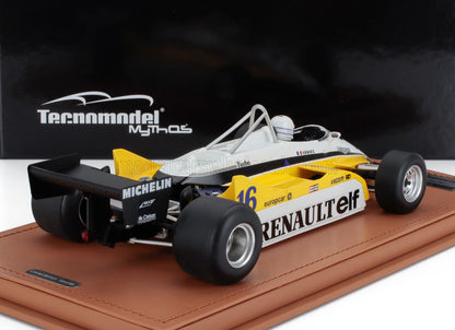 Maquette de la voiture de course Renault Formule 1 équipée de pneus Michelin, présentée sur un socle en cuir, disponible via Vroomi.