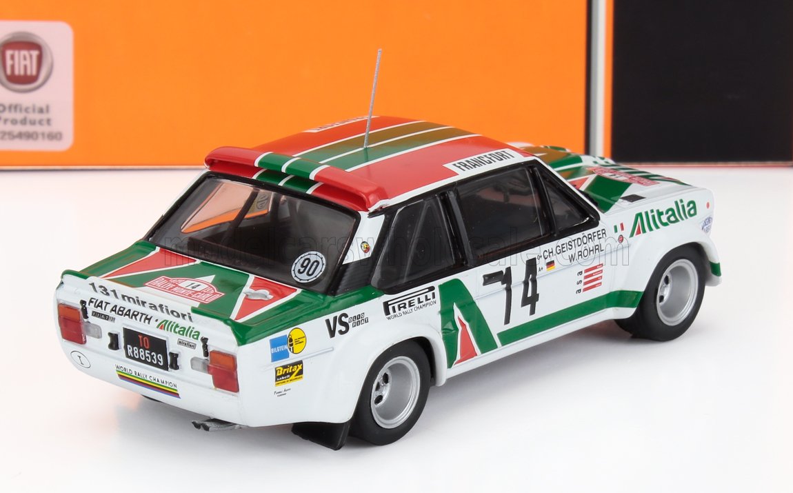 Modèle réduit de voiture de rallye Fiat Abarth 131 avec livrée Alitalia et numéro 74, disponible sur Vroomi