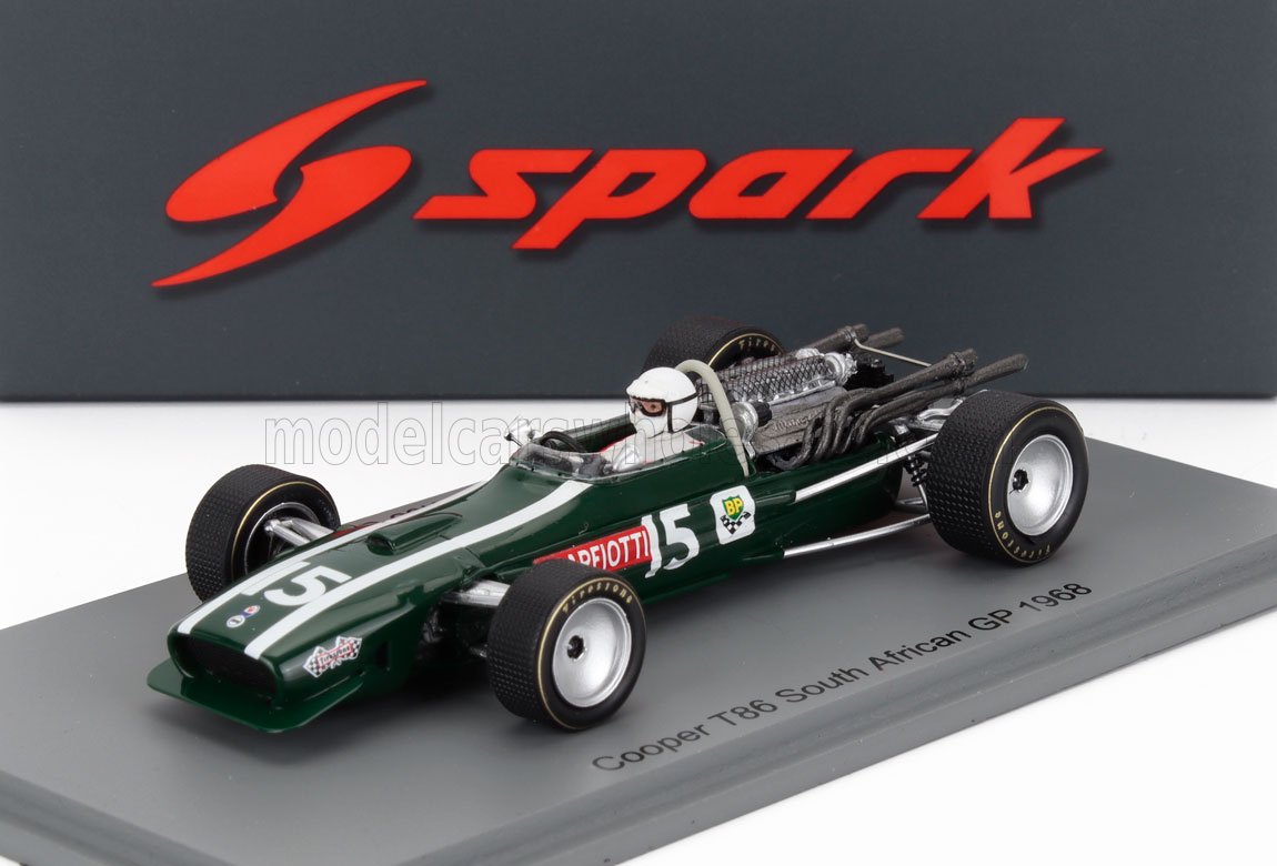 Modèle réduit détaillé de la Cooper T86 de Formule 1 de 1968, utilisée lors du Grand Prix d'Afrique du Sud, en British Racing Green, proposé par Vroomi.