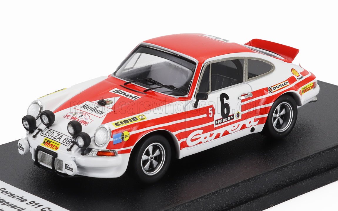 Red and white Porsche 911 Carrera racing model car with number 6 and sponsor decals, offered on Vroomi