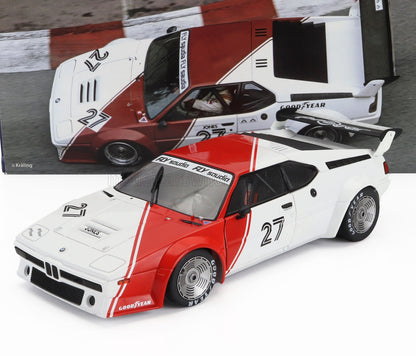 Modèle réduit de voiture de course BMW M1 Procar en blanc et rouge avec le numéro 27, décalcomanies détaillées, disponible via Vroomi.