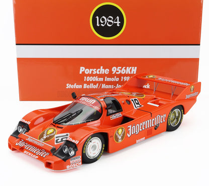 Modèle réduit de voiture de course Porsche 956KH rouge avec livrée Jägermeister, 1000 km d'Imola 1984, disponible via Vroomi