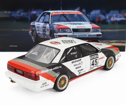 Modèle réduit de voiture de course Audi Quattro avec le numéro 45, décalcomanies détaillées, jantes BBS dorées, disponible sur Vroomi.