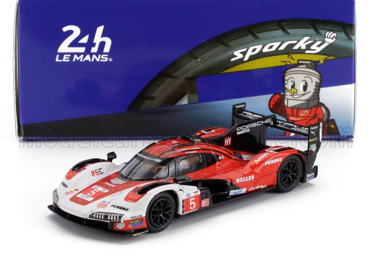 Modèle réduit de voiture de course Porsche 24h Le Mans rouge et blanc avec détails noirs, présenté avec une boîte de pneus Sparky, proposé sur Vroomi.