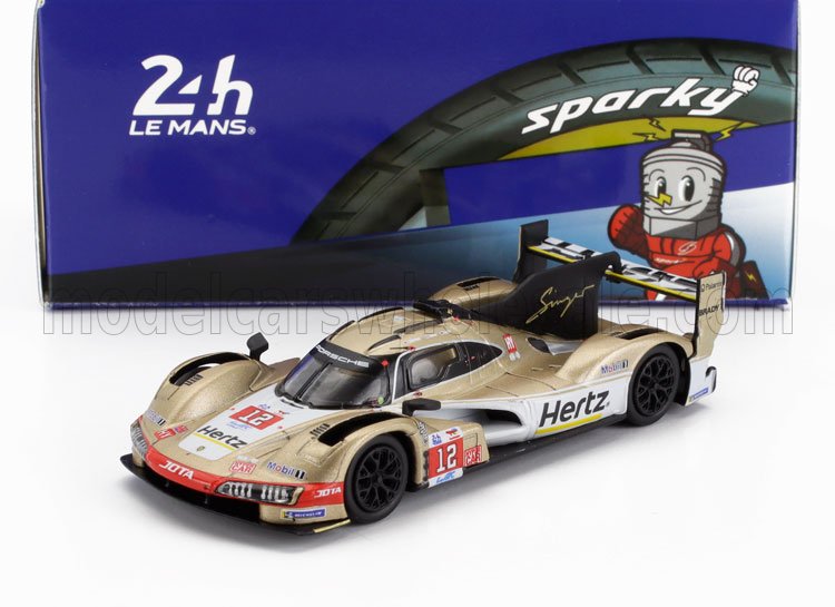 Modèle réduit de voiture de course Porsche 919 Hybrid aux couleurs de Hertz et Sparky, sur le thème des 24 Heures du Mans, disponible sur Vroomi.