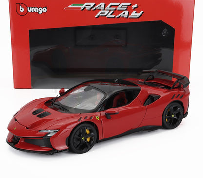 Modèle réduit Ferrari Red Bburago Race Play avec roues noires et étriers de frein jaunes, disponible sur Vroomi.