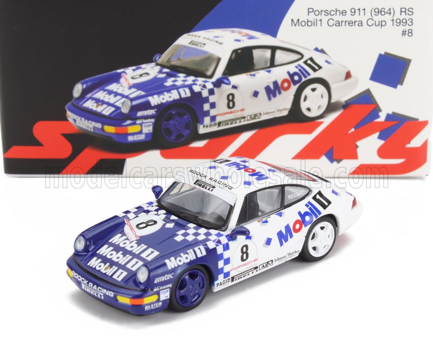 Model Porsche 911 RS Mobil 1 Carrera Cup 1993 race car in blue and white, listed on Vroomi