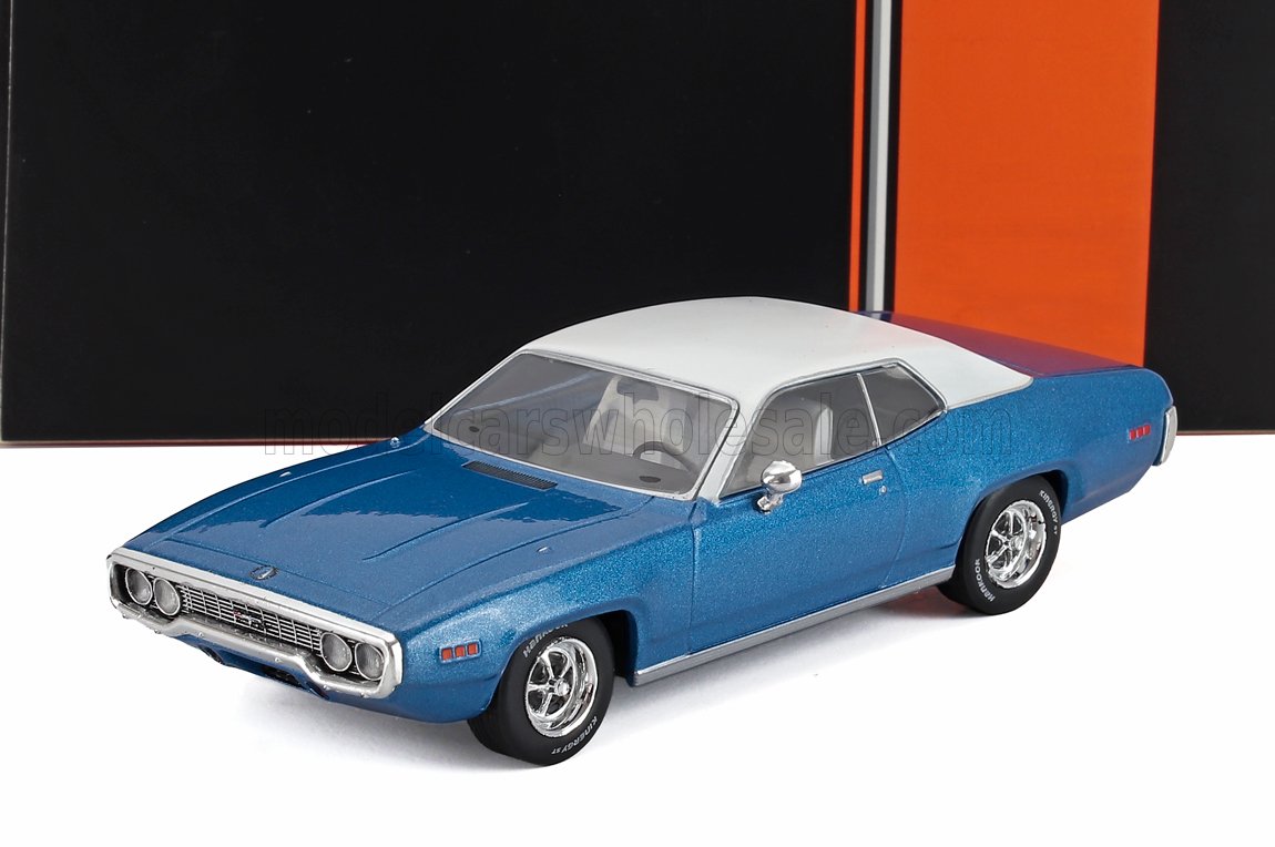 Blue classic 1971 Plymouth Road Runner model car with white roof, available on Vroomi