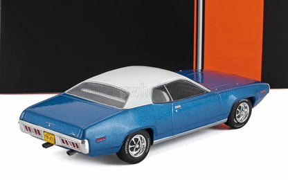 Blue 1972 Plymouth GTX scale model with white roof, detailed rear view, now offered on Vroomi