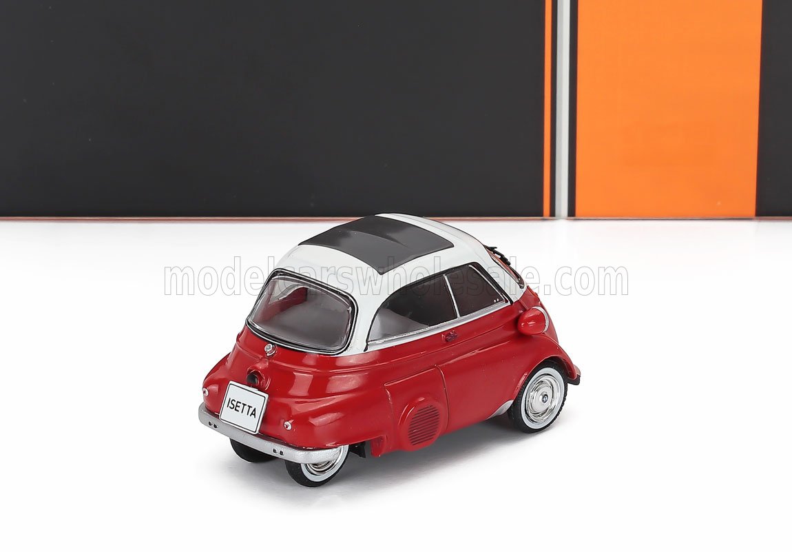 Modèle réduit Isetta rouge à l'échelle 1/18 avec toit blanc, disponible pour les collectionneurs chez Vroomi.