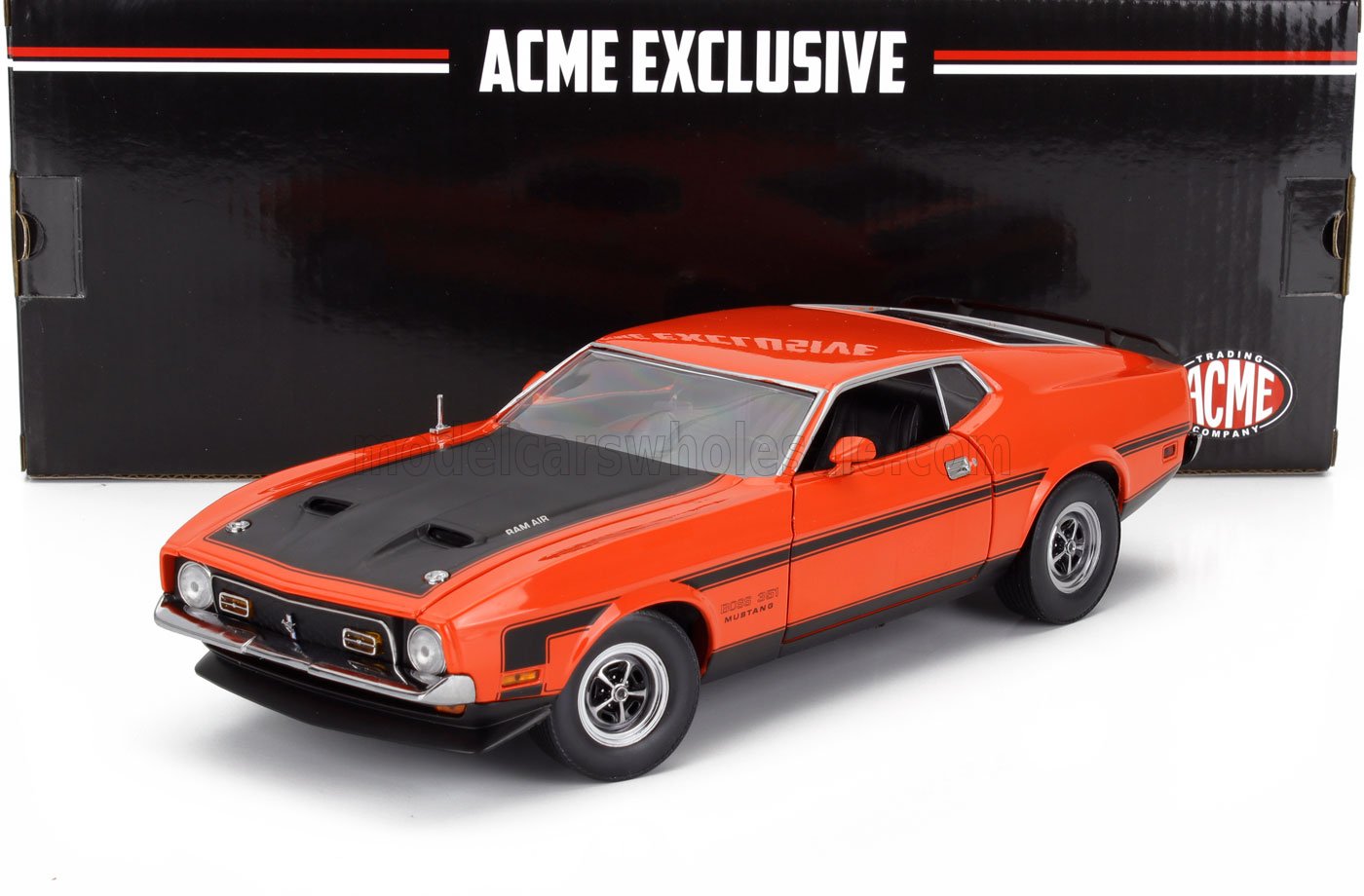 Modèle réduit de voiture Ford Mustang Boss 351 orange à l'échelle 1/18, exclusivité ACME, proposé par Vroomi