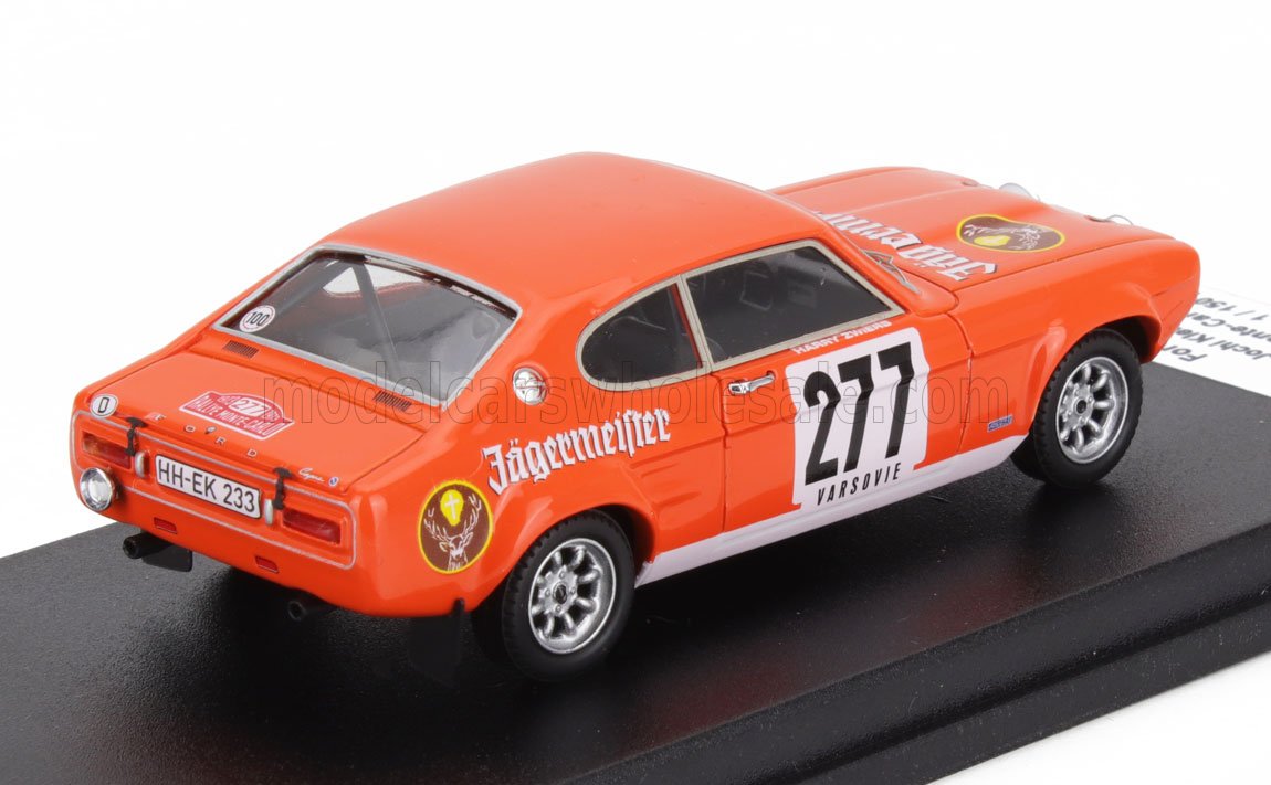 Modèle réduit orange à l'échelle 1/43 de la voiture de course Ford Capri Jägermeister portant le numéro 277, disponible à la commande en ligne.