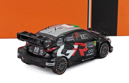 Modèle réduit noir et gris de la voiture de rallye Toyota Gazoo Racing portant le numéro 33, avec décalcomanies détaillées, disponible via Vroomi.