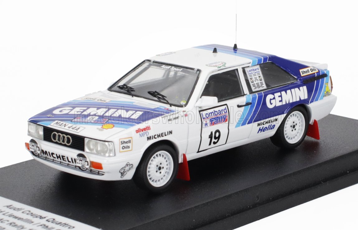 Modèle réduit de voiture de rallye Audi Coupé Quattro avec livrée Gemini, pneus Michelin et autocollants Lombard Rally, vendu sur Vroomi.