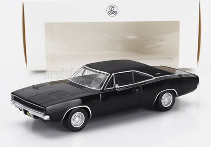 Modèle réduit Dodge Charger noir classique des années 1960 avec garnitures blanches, présenté avec son coffret, disponible sur Vroomi.