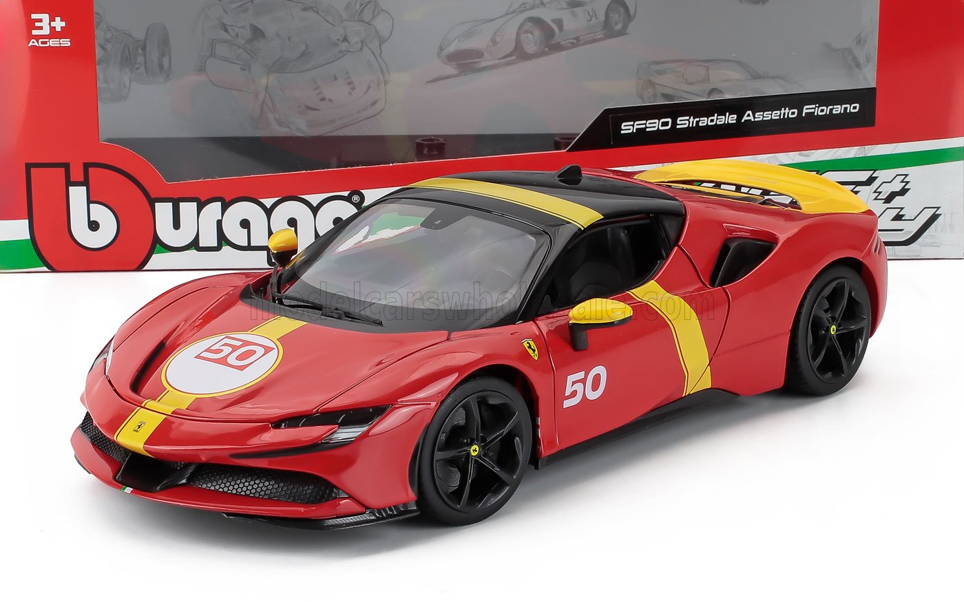 Red and yellow Ferrari SF90 Stradale model car with number 50, available on Vroomi