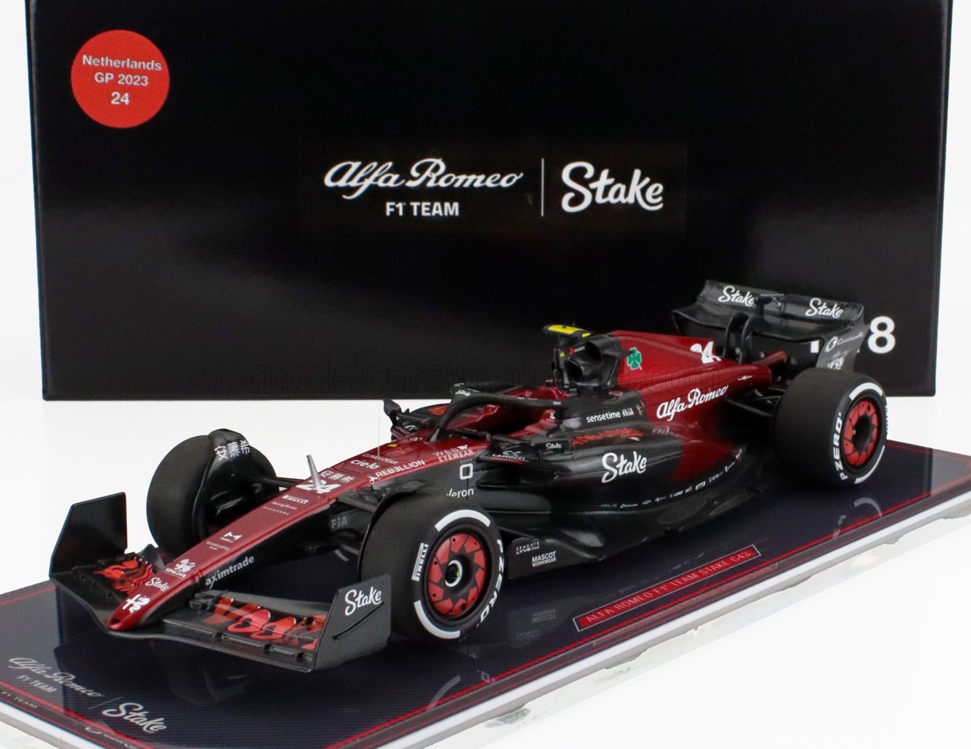 Modèle réduit de la voiture Alfa Romeo F1 Team Stake GP des Pays-Bas 2023, disponible chez Vroomi