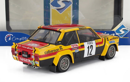 Maquette réduite d'une voiture de rallye Calberson Fiat 131 Mirafiori jaune et rouge des années 1970 avec autocollant Paris #12 disponible sur Vroomi.