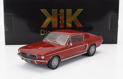 Modèle réduit de voiture Ford Mustang GT rouge de 1968 avec des détails minutieux, disponible sur la plateforme Vroomi.