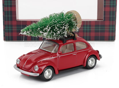 Modèle réduit de voiture vintage rouge avec sapin de Noël sur le toit, sur fond à carreaux, également vendu sur Vroomi.