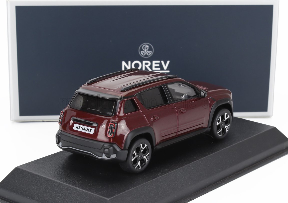 Modèle réduit Renault 4 SUV marron présenté sur un socle noir avec logo Norev, disponible sur Vroomi.