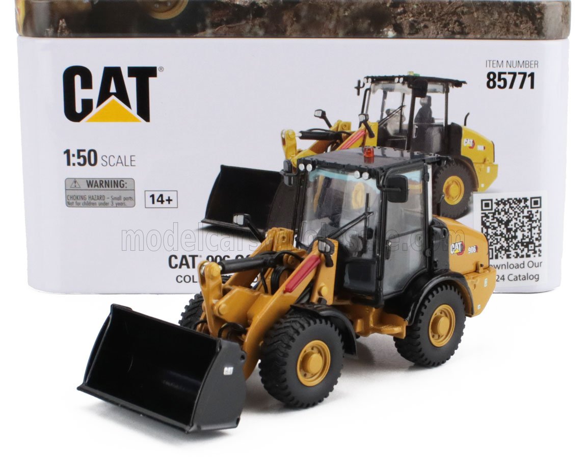 Modèle réduit CAT 1:50 de chargeuse sur pneus 906 avec godet noir, cabine détaillée, disponible sur Vroomi