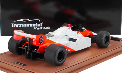 Tecnmodel Mythos 1:43 scale race car model in orange and white on display, offered on Vroomi