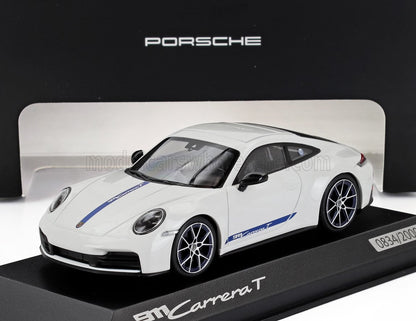 White 911 Carrera T model car with blue stripes on black display base, Porsche branding, available via Vroomi