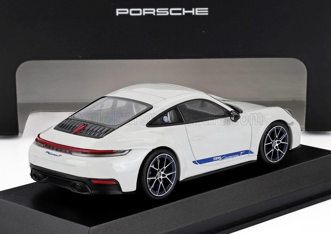 White Porsche 911 Carrera T model car on display stand, available through Vroomi