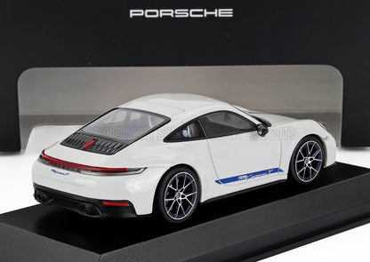 White Porsche 911 Carrera T model car on display stand, available through Vroomi