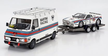 LANCIA - RALLY SET - 037 TEAM MARTINI RACING Gr.B (version nuit) N 1 VAINQUEUR DU RALLYE DE MONTECARLO 1983 WALTER ROHRL - CHRISTIAN GEISTDORFER + FIAT 242 VAN ASSISTANCE AVEC REMORQUE - BLANC BLEU ROUGE