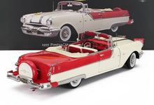 Modèle réduit de voiture Pontiac Star Chief cabriolet 1955, rouge et blanc, disponible chez Vroomi