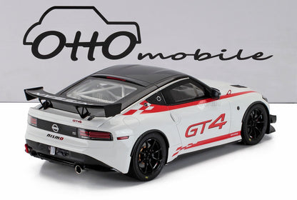 Modèle réduit de voiture de course GT4 Nismo blanche et noire avec aileron arrière disponible via Vroomi
