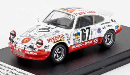 Modèle réduit de voiture de course Porsche 911 Carrera 67 blanche et rouge avec autocollants des sponsors, désormais disponible sur Vroomi.