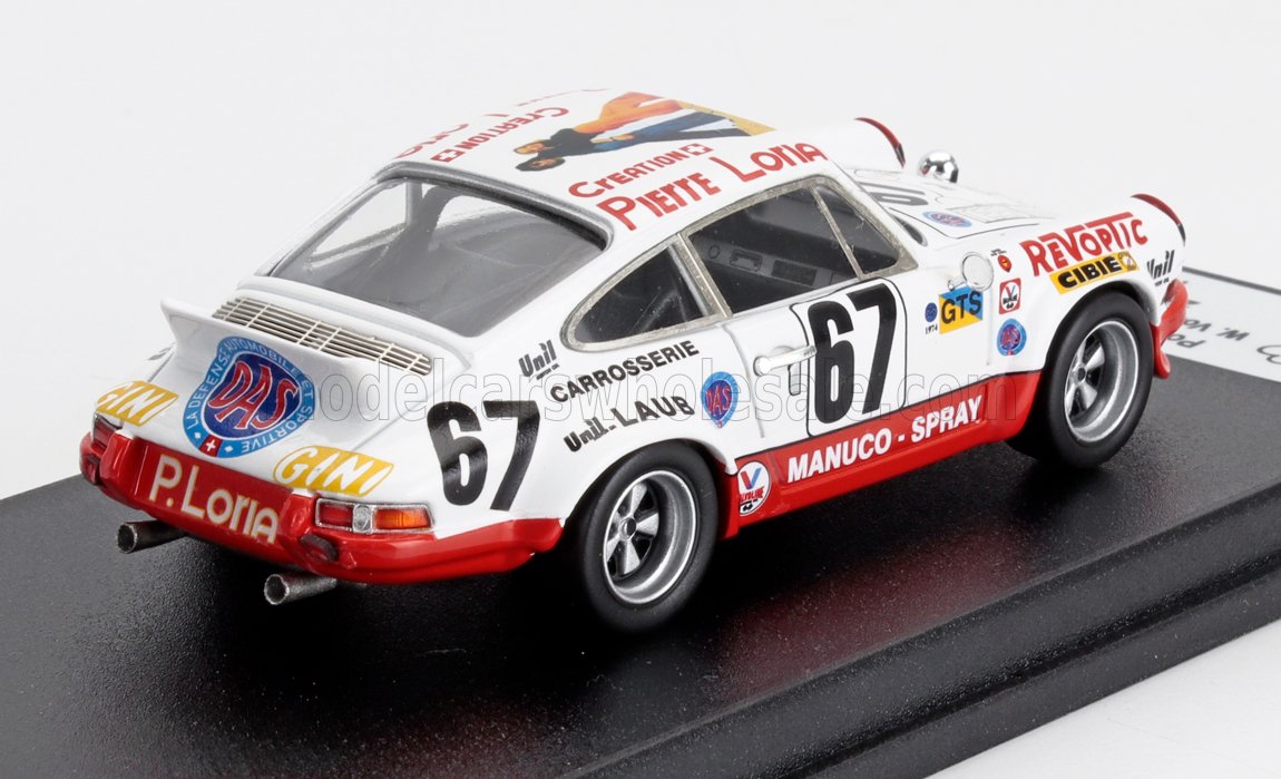 Modèle réduit de voiture de course Porsche 911 blanche et rouge numéro 67 avec autocollants des sponsors, présenté sur Vroomi.