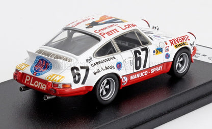 Modèle réduit de voiture de course Porsche 911 blanche et rouge numéro 67 avec autocollants des sponsors, présenté sur Vroomi.